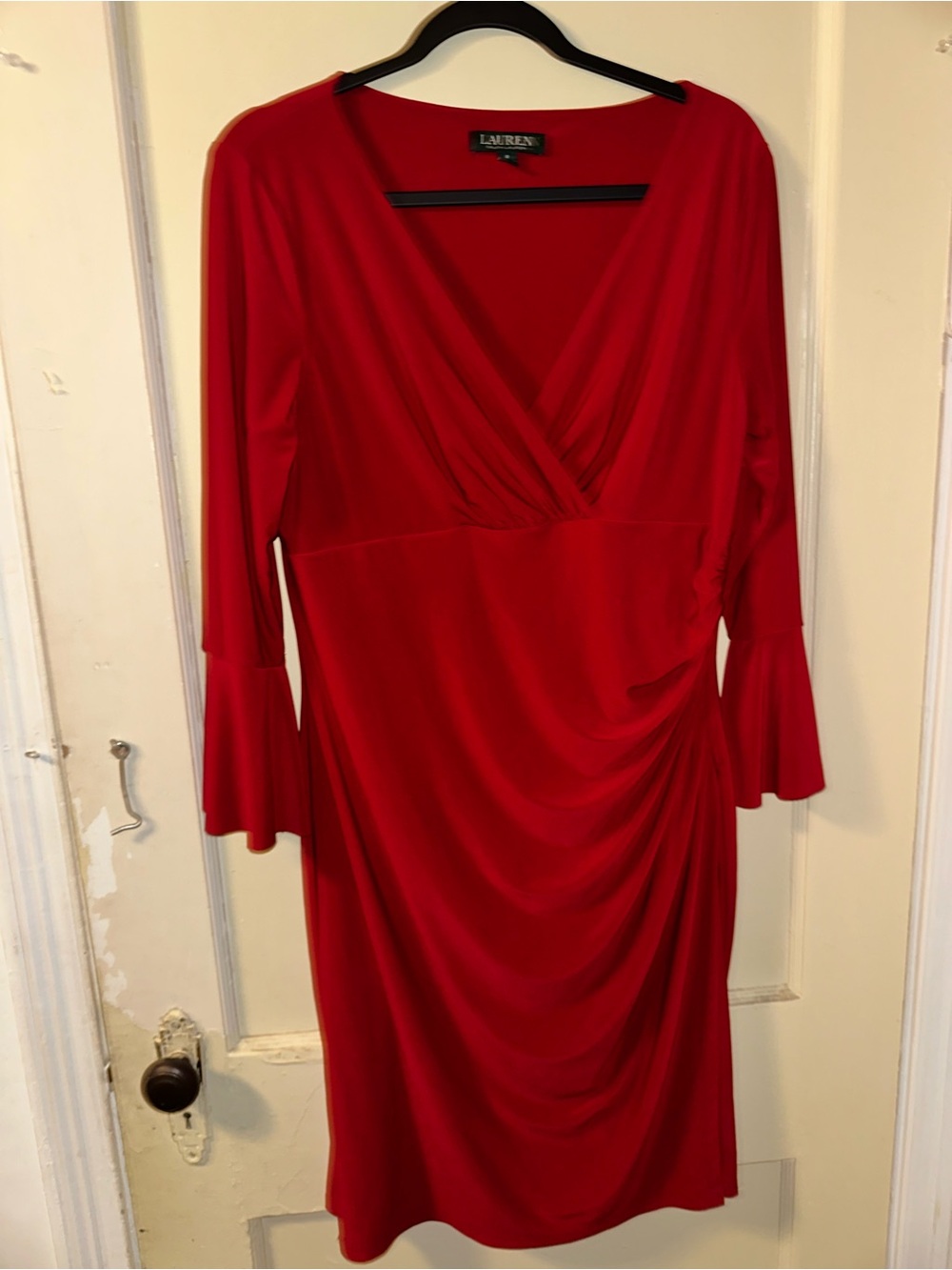 Ralph Lauren Red V-Neck Draped Long-Sleeve Dress